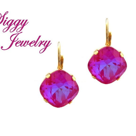 Raspberry Shimmer Premium Crystal Earrings, 12mm Cushion Cut Hot Pink Iridescent - Picture 1 of 4